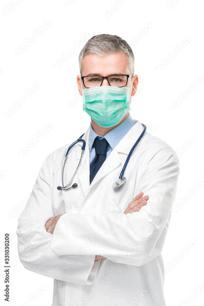 Doctor wearing a surgical mask against infections Doctor wearing a surgical mask against infections