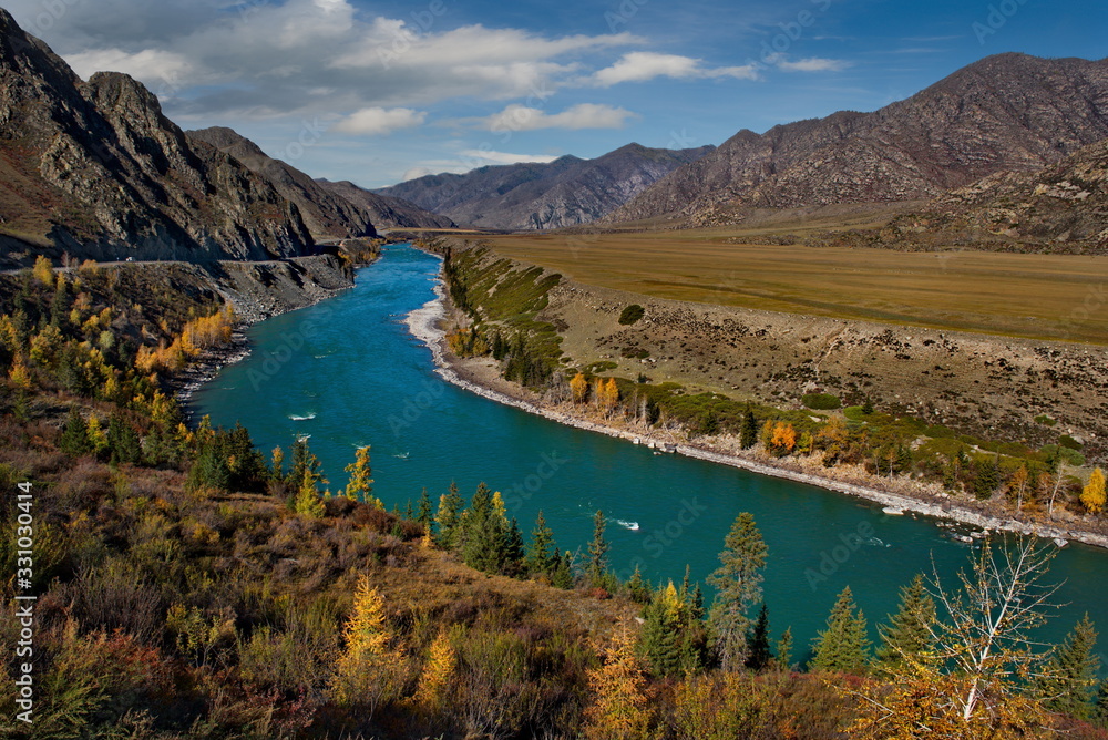 Russia. Mountain Altai. Katun river along the Chui tract near the village of Maly Yaloman.