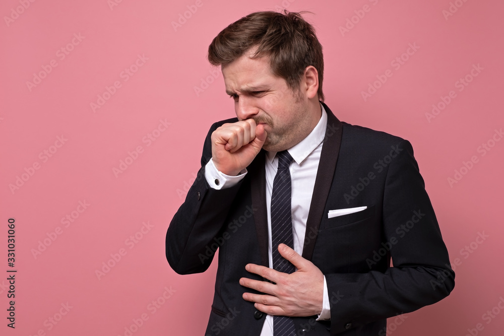 Φωτογραφία Caucasian mature businessman coughing or closing nose because of bad smell