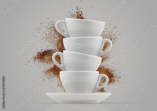 Splash of coffee powder, coffee cup and coffee leaf. Branding elements, isolated, to add logo.