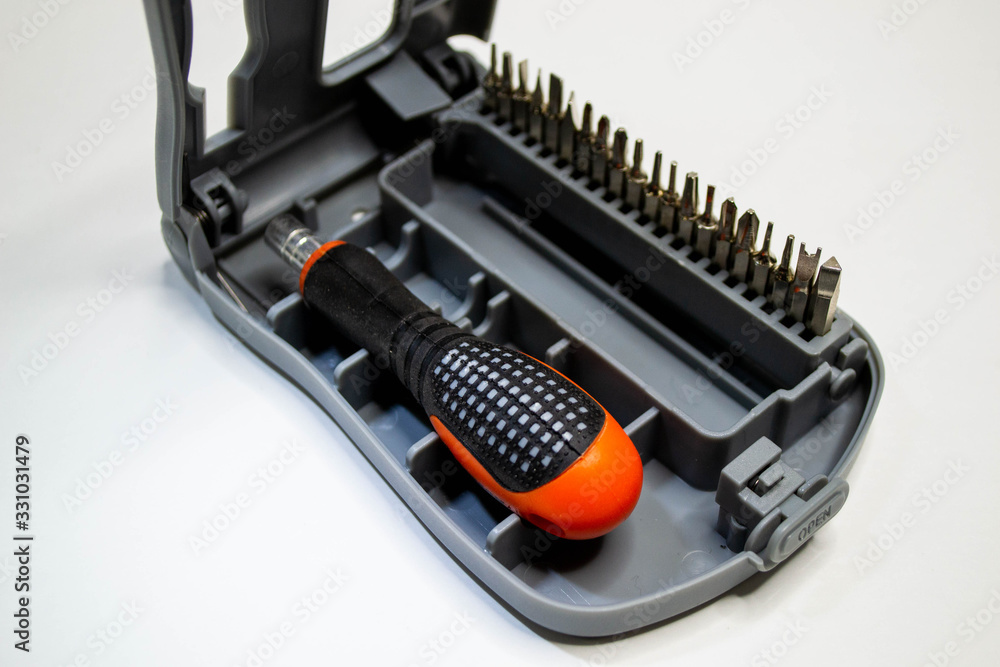 set tools isolated on a white background. Shot of screw drivers with bit set pz ph equipment to building and repair. set tools isolated on a white background. Shot of screw drivers with bit set pz ph equipment to building and repair.