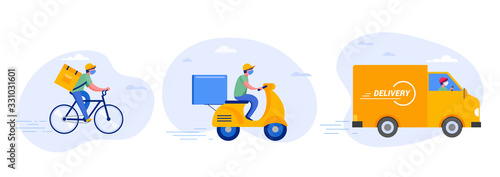 Online delivery service concept, online order tracking, delivery home and office. Warehouse, truck, drone, scooter and bicycle courier, delivery man in respiratory mask. Vector illustration photo