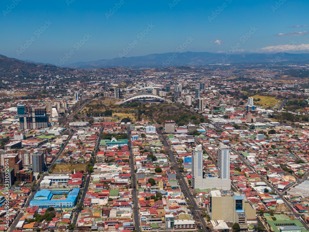 Fototapeta premium Beautiful aerial view of the empty streets due to Coronavirus disease (COVID-19) in San Jose Costa Rica