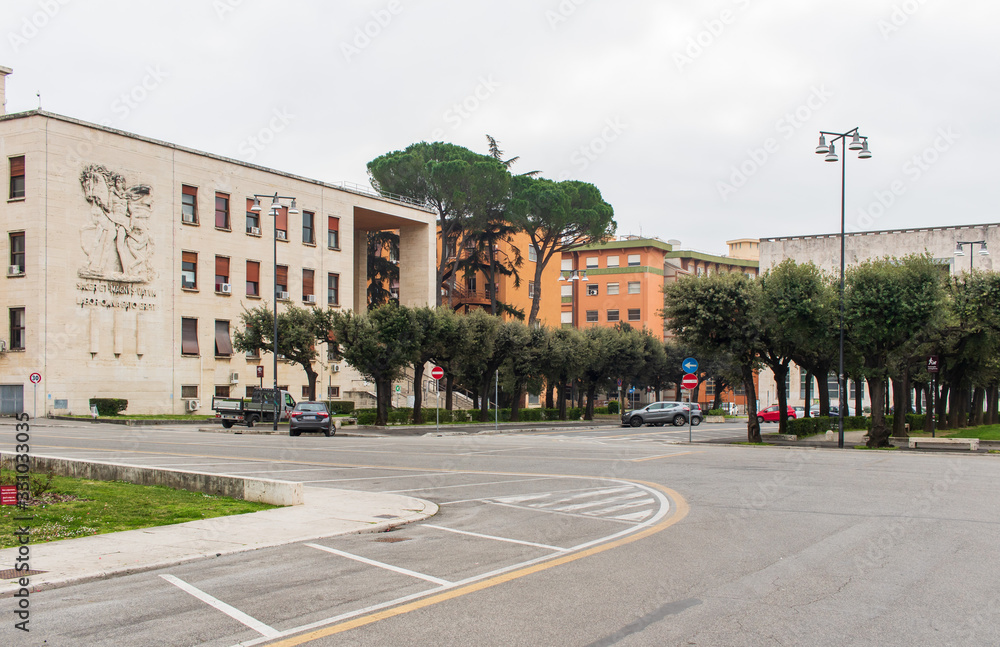  Rome, Italy - following the coronavirus outbreak, the italian Government has decided for a massive curfew. Here in particular the empty Università la Sapienza