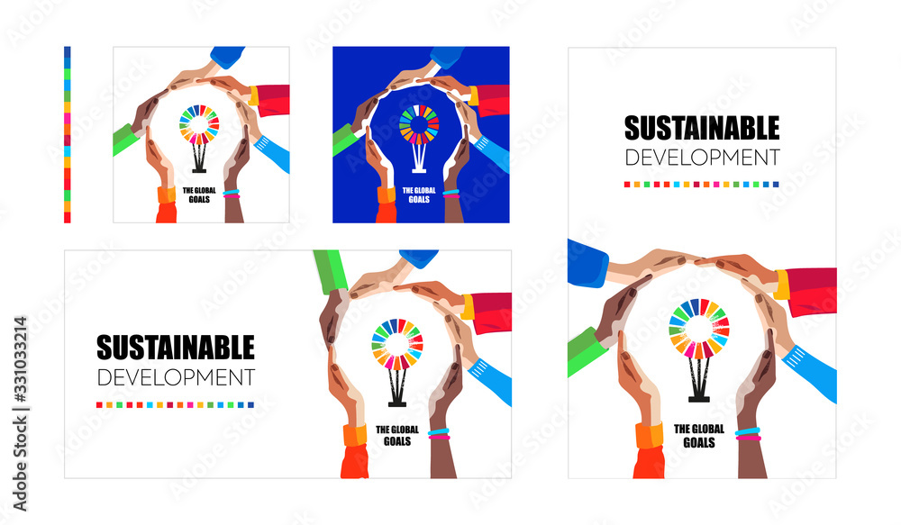 Sustainable development goals. Hands make light symbol and colorful logo inside. Multicultural people community of responible protection of earth and environment. Social vector illustration  - obrazy, fototapety, plakaty 