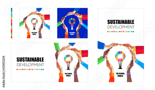 Sustainable development goals. Hands make light symbol and colorful logo inside. Multicultural people community of responible protection of earth and environment. Social vector illustration 