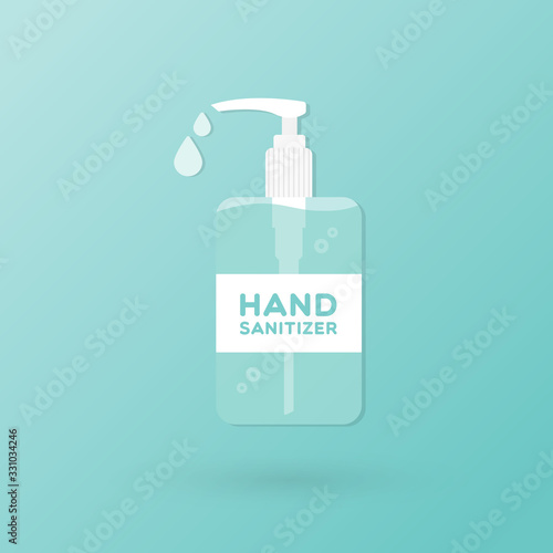 Hand sanitizer bottle isolated with pump. Washing alcohol gel used against viruses, bacteria, flu, coronavirus. Waterless hand cleaner. Handwashing. Vector illustration, flat design