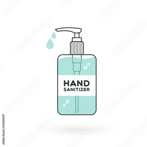 Hand sanitizer bottle isolated with pump. Washing alcohol gel used against viruses, bacteria, flu, coronavirus. Waterless hand cleaner. Handwashing. Black outline. Vector illustration, flat design