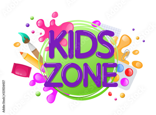 Kids zone entertainment childish banner label sticker badge logo. Cartoon colorful logo for children's playroom decoration, fun play, kids zone vector illustration