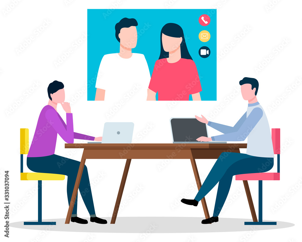 Online communication with couple. Isolated characters of consulting company talking to man and woman using internet and video connection. Workers with laptops in office, vector in flat style Online communication with couple. Isolated characters of consulting company talking to man and woman using internet and video connection. Workers with laptops in office, vector in flat style