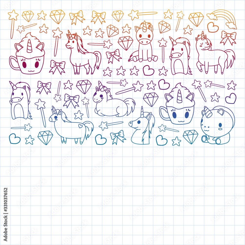 Children pattern with fairy tale unicors for kids clothes, posters, banners, shirts. Vector image with cartoon character. Children pattern with fairy tale unicors for kids clothes, posters, banners, shirts. Vector image with cartoon character.