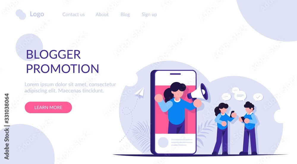 Blogger promotio concept. Advertising with the help of popular people on social networks. Social media marketing. Modern flat vector illustration. Landing web page template. Blogger promotio concept. Advertising with the help of popular people on social networks. Social media marketing. Modern flat vector illustration. Landing web page template.