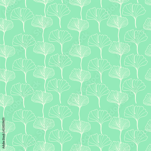 Geometric seamless pattern, hand drawn leaves of ginkgo biloba tree, vector illustration on a turquoise background. 