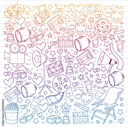 Vector pattern with cinema icons. Movie Theater  TV  popcorn  video clips  musical