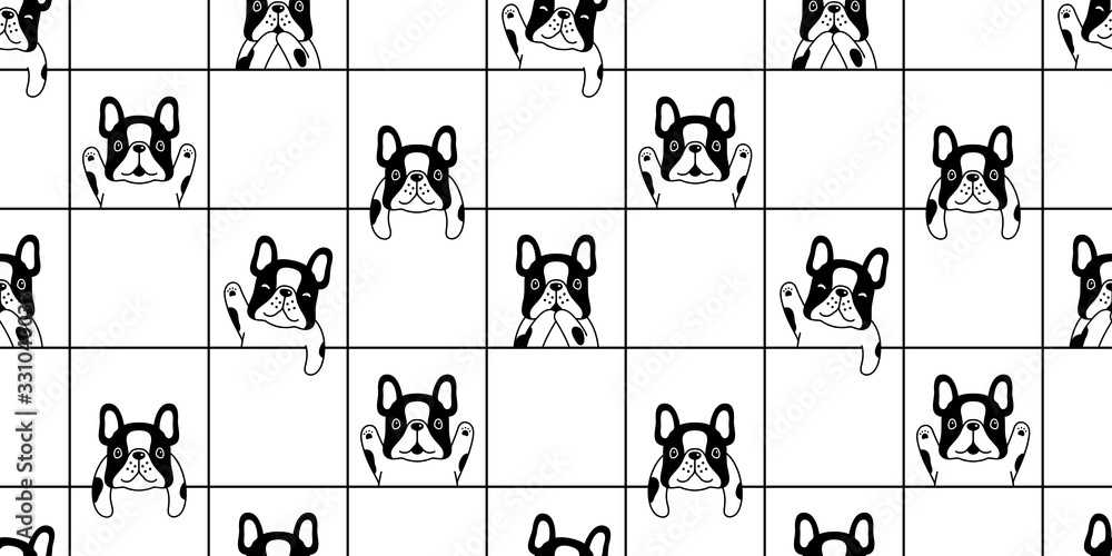Naklejka premium dog seamless pattern french bulldog vector paw footprint checked line pet puppy animal scarf isolated repeat wallpaper tile background cartoon doodle illustration design