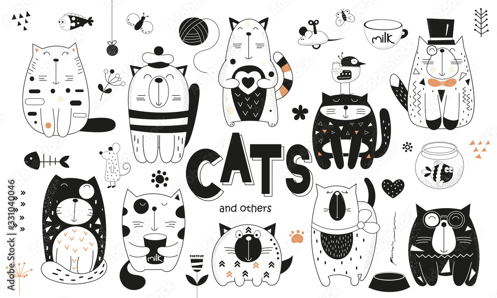 Black and white cats and other set. Hand drawn. Doodle cartoon cats and