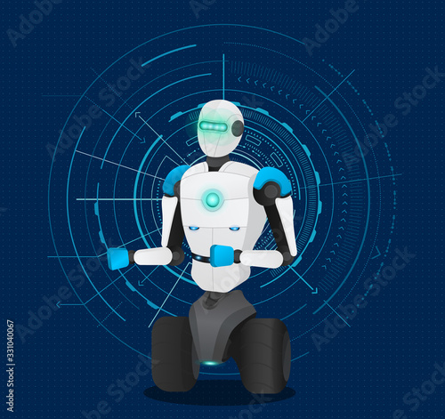 Artificial intelligence machine capable of independently making decision. Autonomous character or android. Robot designed for industrial using. Vector illustration of modern technology in flat style