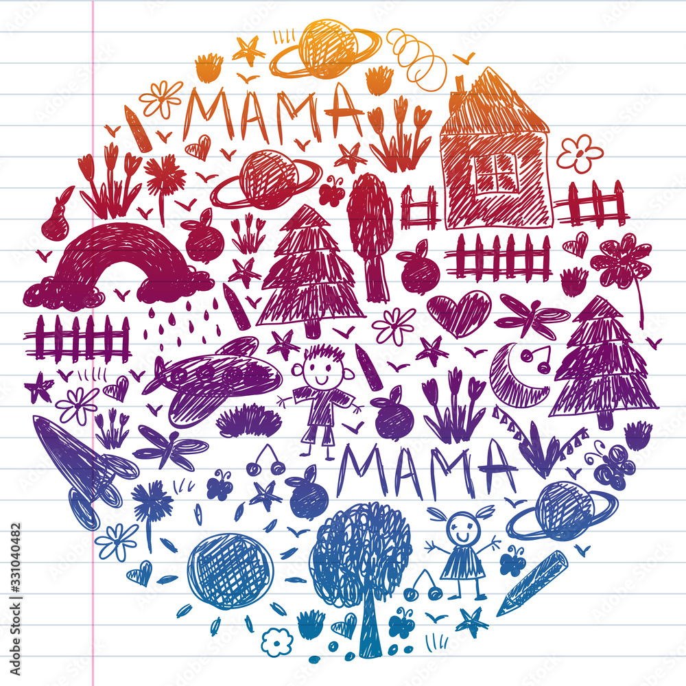 Naklejka premium Kindergarten pattern with funny kids drawing. Vector illustration. Children play and grow.