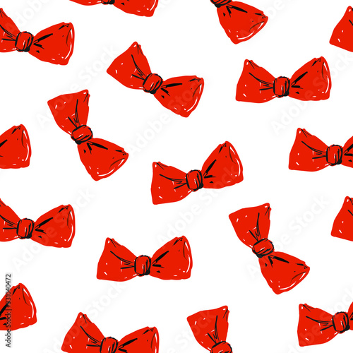 Red children’s knotted bows, geometric seamless pattern on a white background, vector illustration.
