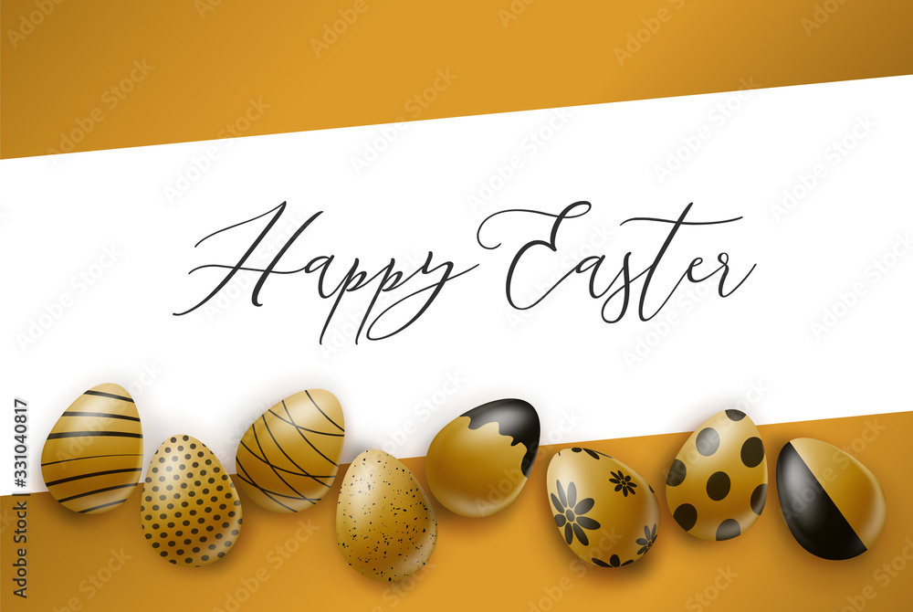 Happy Easter poster or banner. Golden eggs with black ornament. Realistic vector illustration.