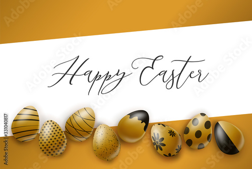 Happy Easter poster or banner. Golden eggs with black ornament. Realistic vector illustration.