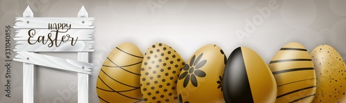 Happy Easter holiday banner or newsletter header. Golden eggs set width black ornament. Vector illustration with lettering.