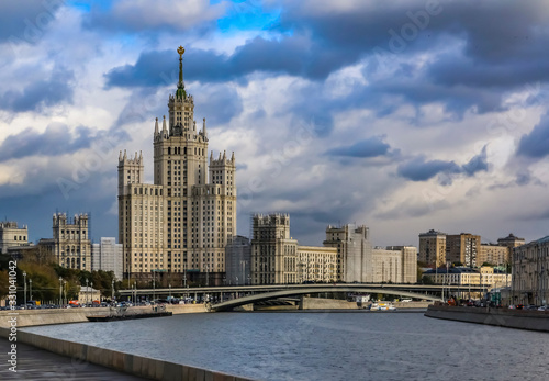 Stalinist style Kotelnicheskaya Embankment Building, a Stalin's high-rise built in 1952 by Moskva River, Moscow, Russia