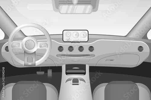 Realistic black and white car interior with dashboard windshield vector illustration