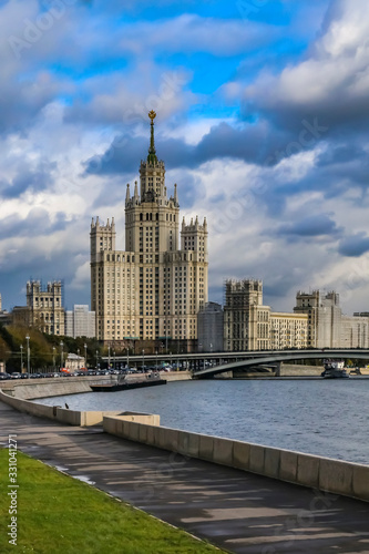 Stalinist style Kotelnicheskaya Embankment Building, a Stalin's high-rise built in 1952 by Moskva River, Moscow, Russia