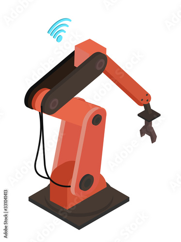 Robotic mechanism isolated on white background. Smart mechanism with wireless controller. Factory use robotic machines in automated production. Vector illustration of automation in flat style