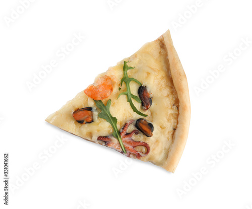 Piece of delicious seafood pizza isolated on white, top view
