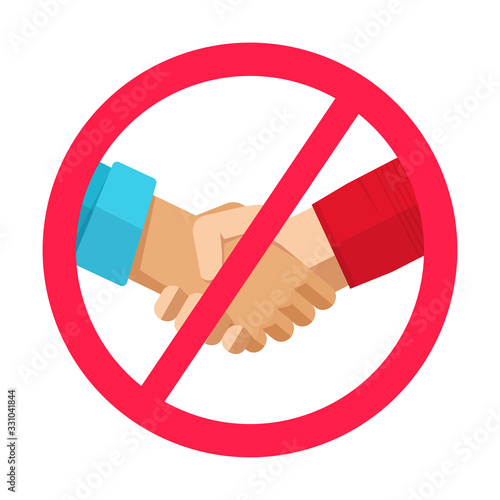 Stop hand shake sign not to spread infection virus or prohibition of people handshake caution icon vector flat cartoon illustration, idea of pandemic warning or forbidden symbol modern design image