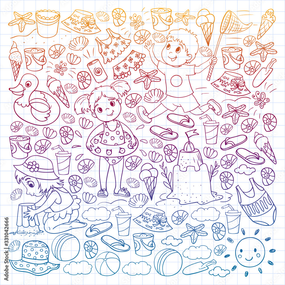 Vector pattern with little chilren. Family summer vacations. Beach, ocean, island, sun. Kids play. Swimming and relaxation. Vector pattern with little chilren. Family summer vacations. Beach, ocean, island, sun. Kids play. Swimming and relaxation.