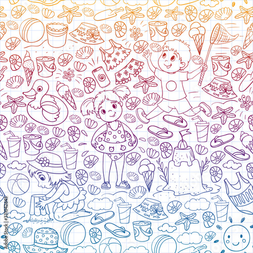 Vector pattern with little chilren. Family summer vacations. Beach, ocean, island, sun. Kids play. Swimming and relaxation.