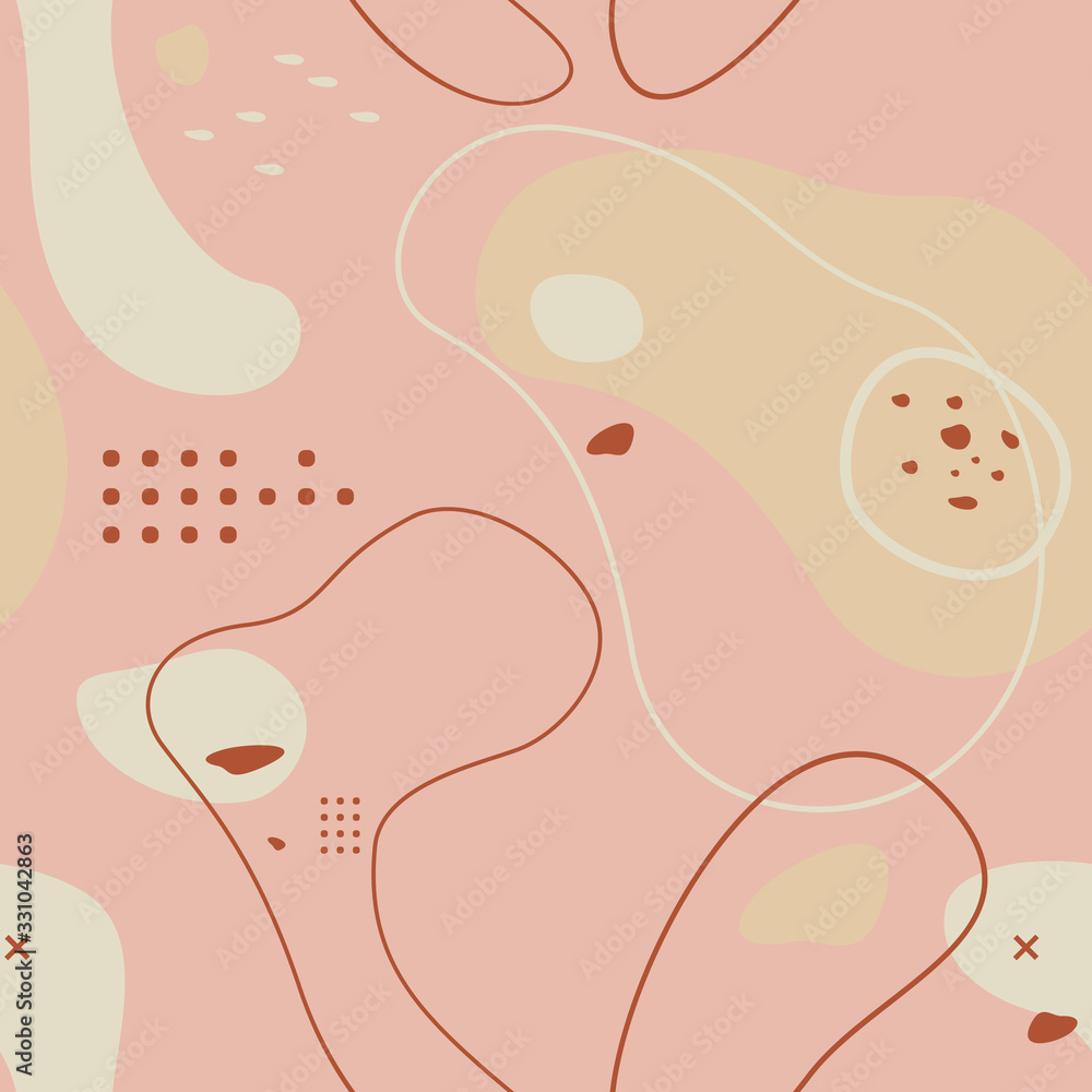 Abstract seamless pattern with of dots, lines and round shapes. Delicate skin color, pink, beige and brown.