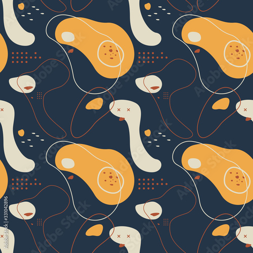 Abstract seamless pattern with of dots, lines and round shapes. Delicate skin color, terracotta, mustard and navy blue.