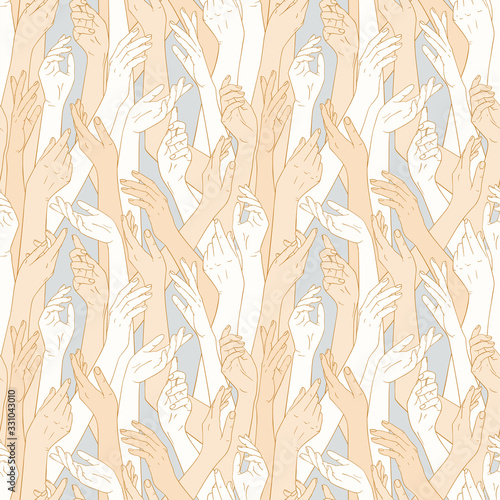 Abstract seamless pattern with female hands. Hands up. Delicate, pastel colors, soft gray and beige.