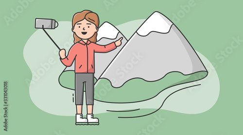 Video Blog Concept . Video Blogger Woman Make A Selfie Or Vlog By Camera On The Mountains Background. Live Stream, Social Media. Interview, Video Recording. Cartoon Linear Outline Vector Illustration