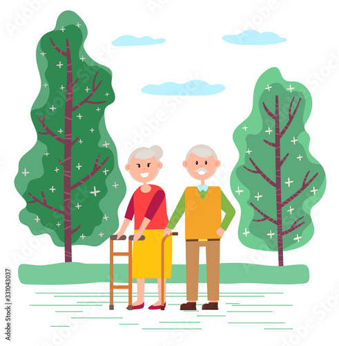 Old couple stroll together in park. Man with stick and woman with walking frame or walker. Grandfather and grandmother walk and help each other in it. Green landscape with trees. Vector illustration