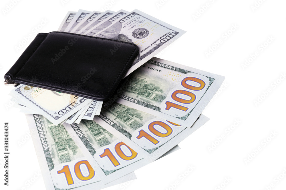 Hundred dollar bills in a wallet on a white background Hundred dollar bills in a wallet on a white background