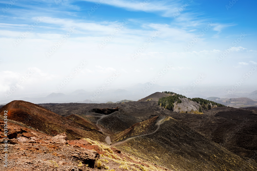 Panoramic wide view of the active volcano Etna on island Sicily, Italy extinct craters on the slope, traces of volcanic activity. Barren landscape of lava stones Panoramic wide view of the active volcano Etna on island Sicily, Italy extinct craters on the slope, traces of volcanic activity. Barren landscape of lava stones