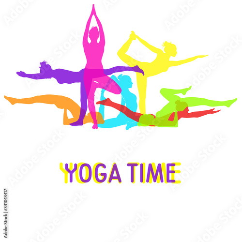 Silhouettes of woman doing yoga mixed together for yoga banner design. Colored vector icons of group of yoga girls in different yoga poses.