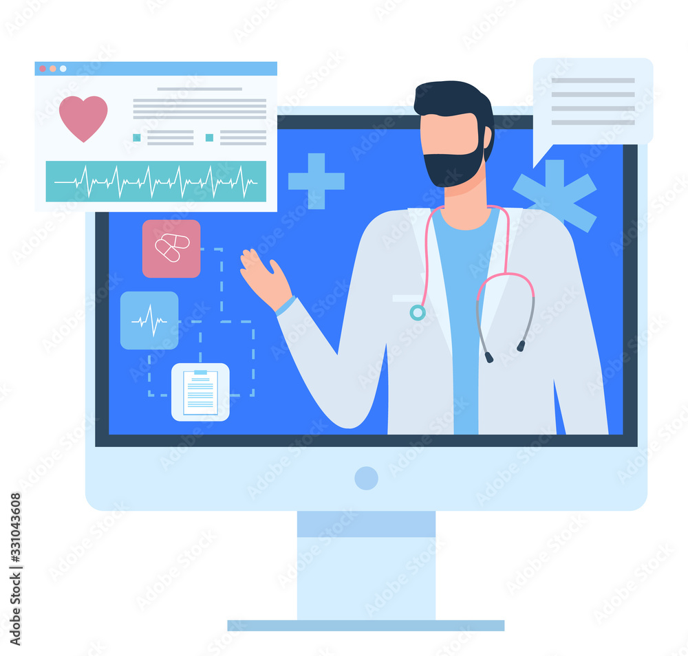 Web or online health support, portrait view of doctor character with cardiogram report, clinic assistant, monitor of computer, communication vector Web or online health support, portrait view of doctor character with cardiogram report, clinic assistant, monitor of computer, communication vector