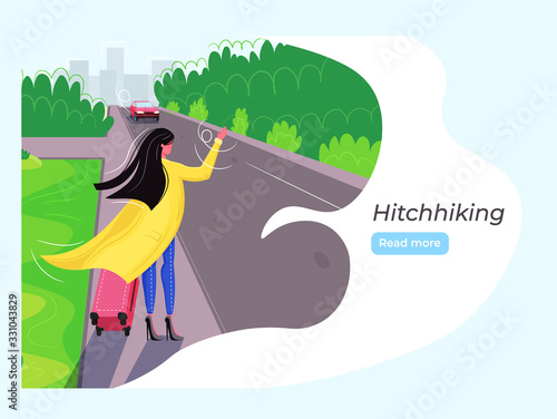  Flat design web page templates of summer vacation. A girl with a suitcase hitchhiking. Freedom to move and rest. Weekend. Design vector illustration