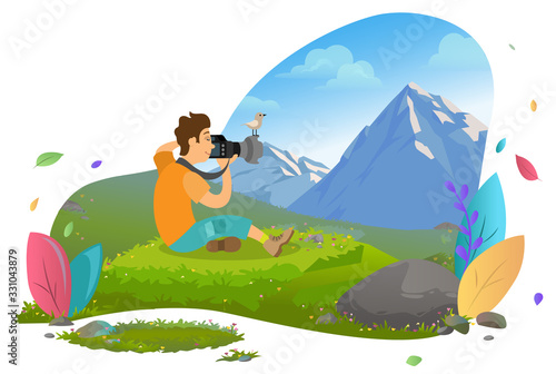 Tourist man sitting on grass and taking photo of mountain landscape. Little bird on top of camera lens. Nature photography, hiking vector illustration