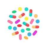 Medical pills and tablets. Heap of tablets, capsules and pills. Different medications.