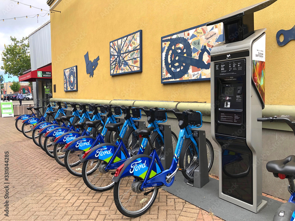 Fruitvale, CA - June 26, 2019: Blue Go Ford shared bikes lined up in ...