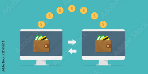 Money transfer. Two monitors with wallets on screen and transferred gold coins. Send money online, remittance, online payment, digital wallet, payment app concepts.