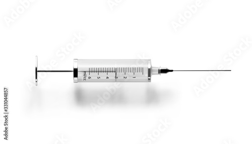 Vector syringe with hypodermic needle isolated on white background.