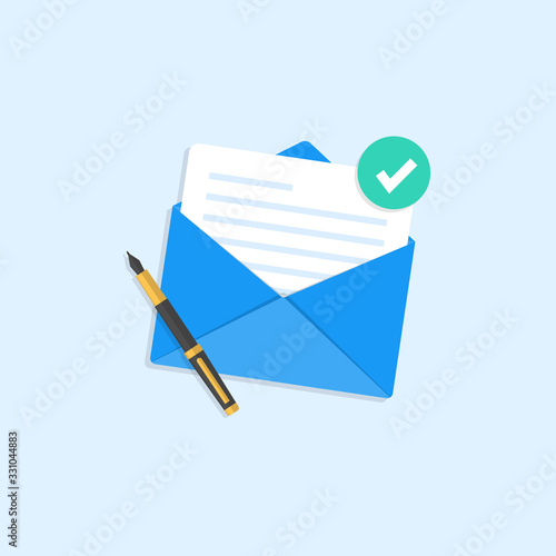 Email and messaging, envelope with a letter inside, ballpoint pen.